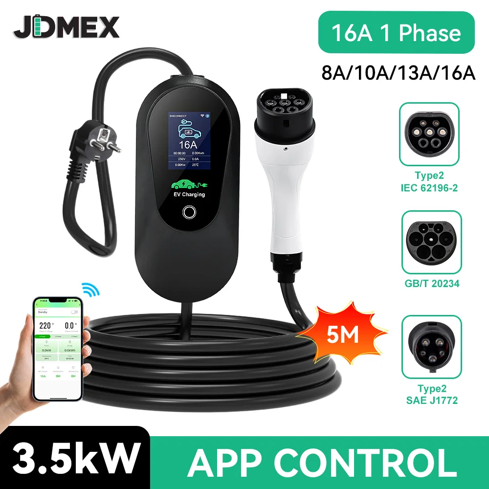 

JDMEX TYPE2 Portable EV Charger 3.5KW Car Charger 16A 1Phase Fast Charging EVSE Wallbox Charger for Electric Vehicle APP Control