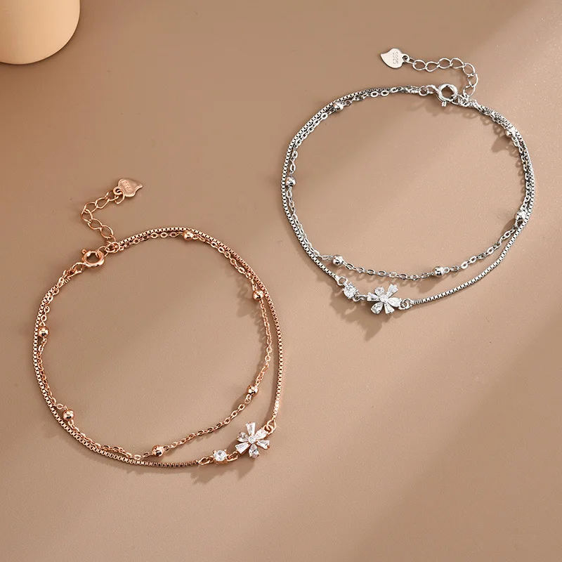 2022 Silver Color Double Layers Cherry Blossom Bracelets for Women Elegant Heart Chain Charm Bracelet Girl Birthday Party Gift