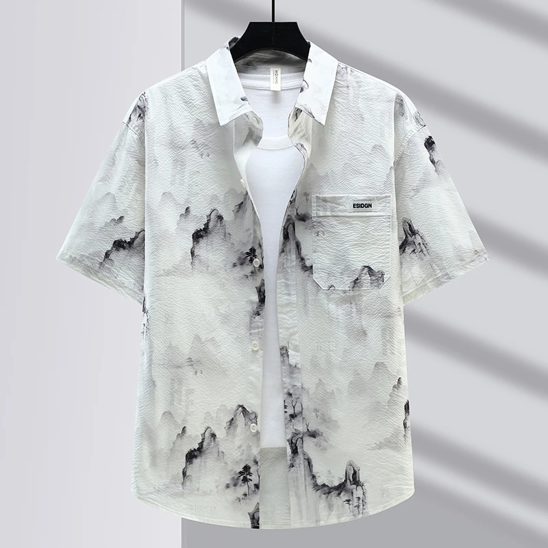 

New Chinese Style Summer Watercolor Short Sleeve Men's Fashion Shirt Thin Cool Feeling Half Sleeve Open Cardigan Breathable
