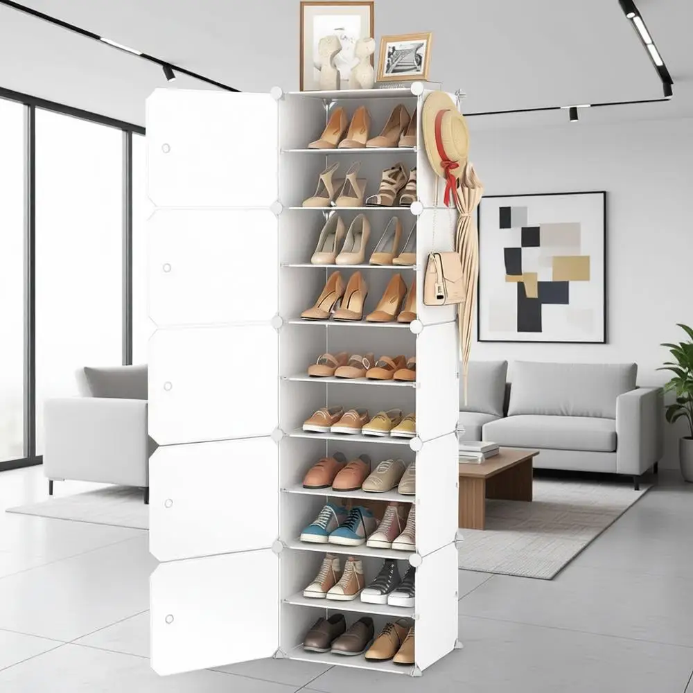 

20-Pair Portable Shoe Storage Cabinet with Door and Hooks, White, Ideal for Entryway and Bedroom