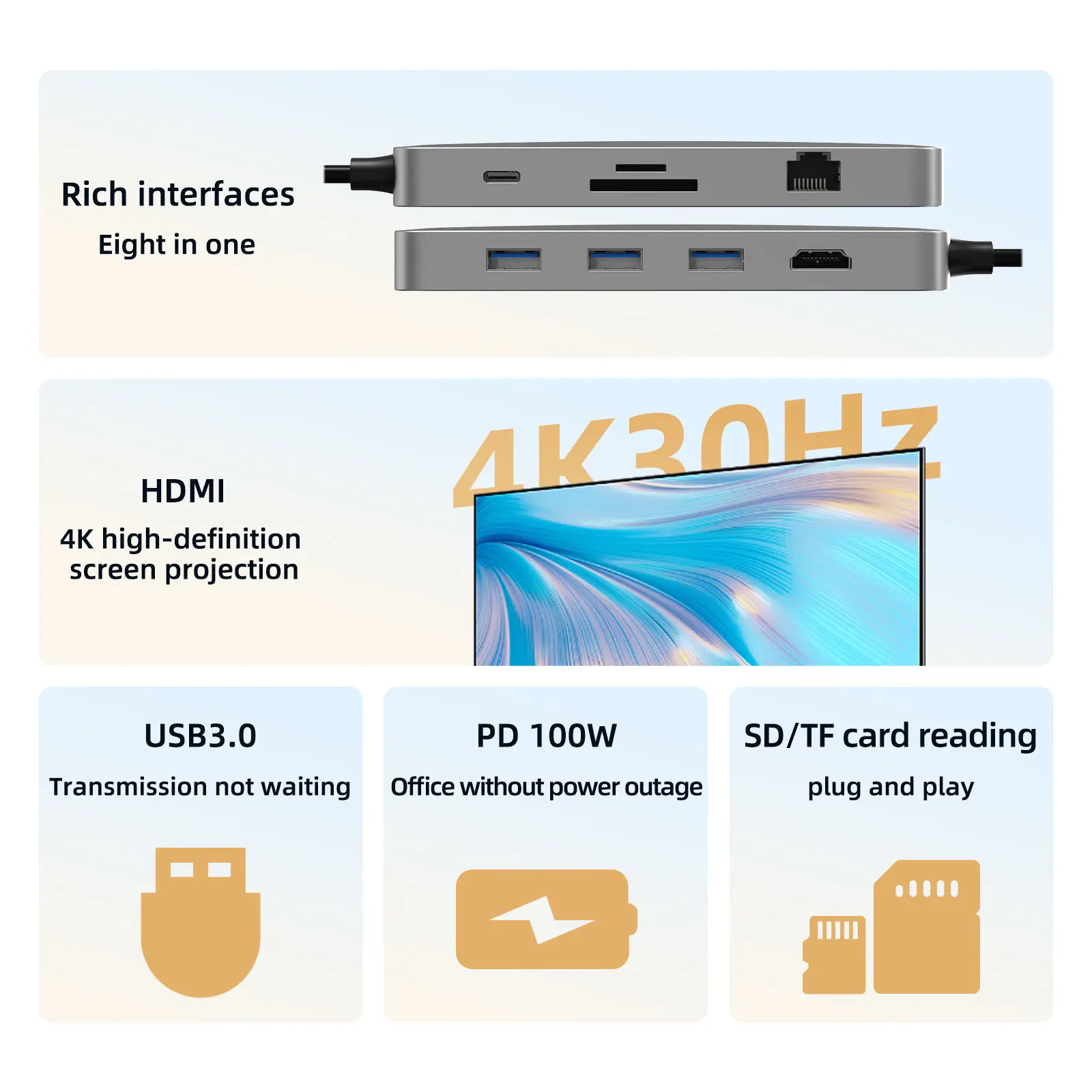 Imagem -05 - Usb c Hub tipo c 8in com 4k tf Compatível com Hdmi 100w pd c Port Docking Station Usb-c 3.0 tipo c para Macbook Pro Air Laptop Mobile Phone pc em
