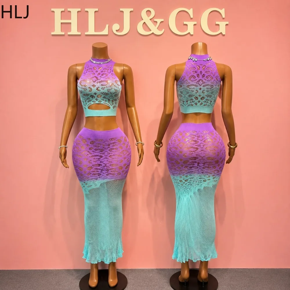 HLJ Women Gradient Crochet 2 Piece Set Cut Out Sleeveless Crop Top and Maxi Skirt Sheer Bodycon Beach Vacation Festival Outfit