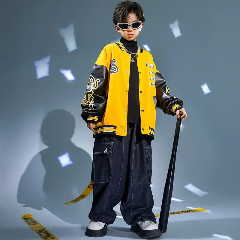 Girls Jazz Dance Costumes Yellow Letter Printed Patchwork Jacket Loose Jeans Set Boys Ballroom Hip Hop Stage Performance Clothes