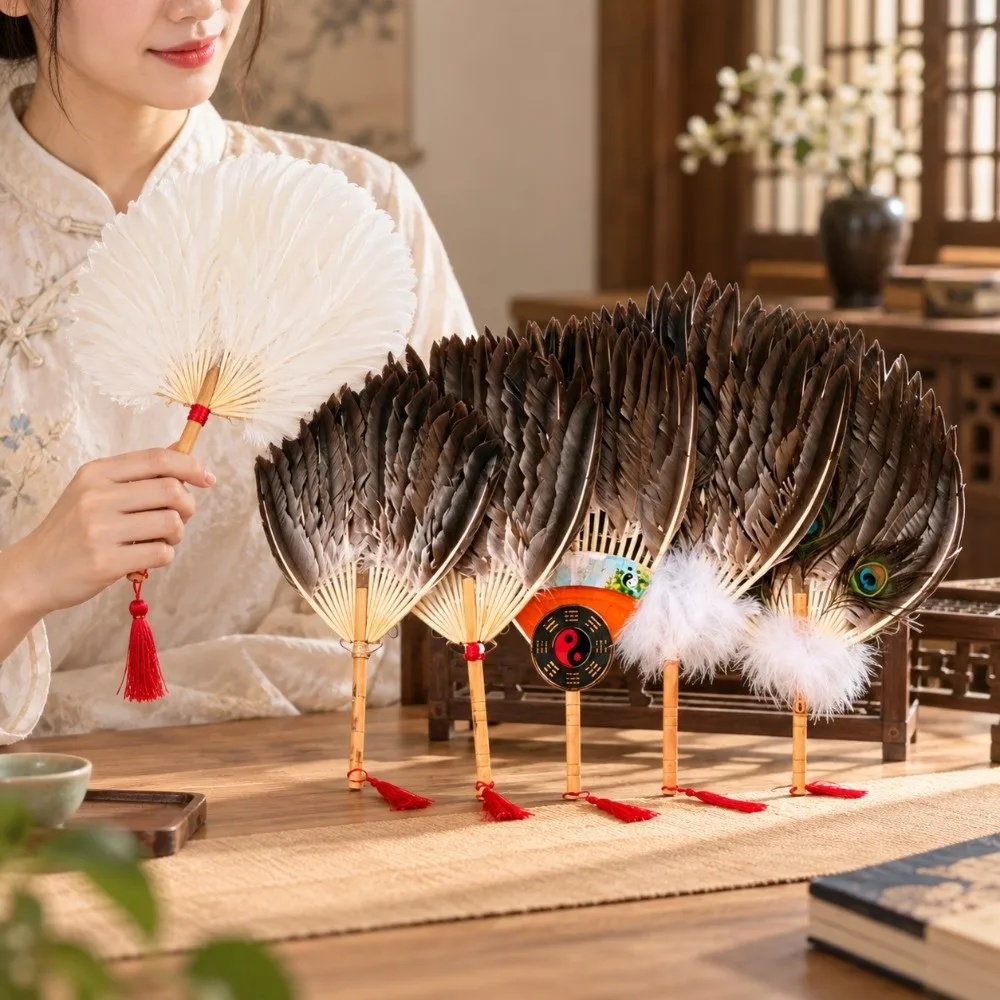Handmade Vintage Feather Fan Plastic Photography Props Chinese Style Fan Portable Multistyles Goose Feather Fan