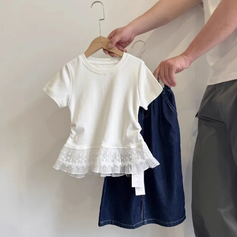2025 Spring/Summer New Girl Lace Splicing Short Sleeves T-shirt for Middle and Large Sized Children