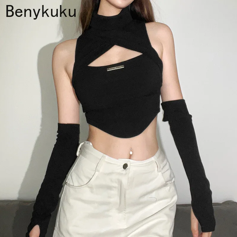 2025 Techwear Cyber Y2k Hollow Out Tank Tops Punk Gothic Turtleneck Women Sexy Crop Top With Glove Sleeve Skinny Streetwear