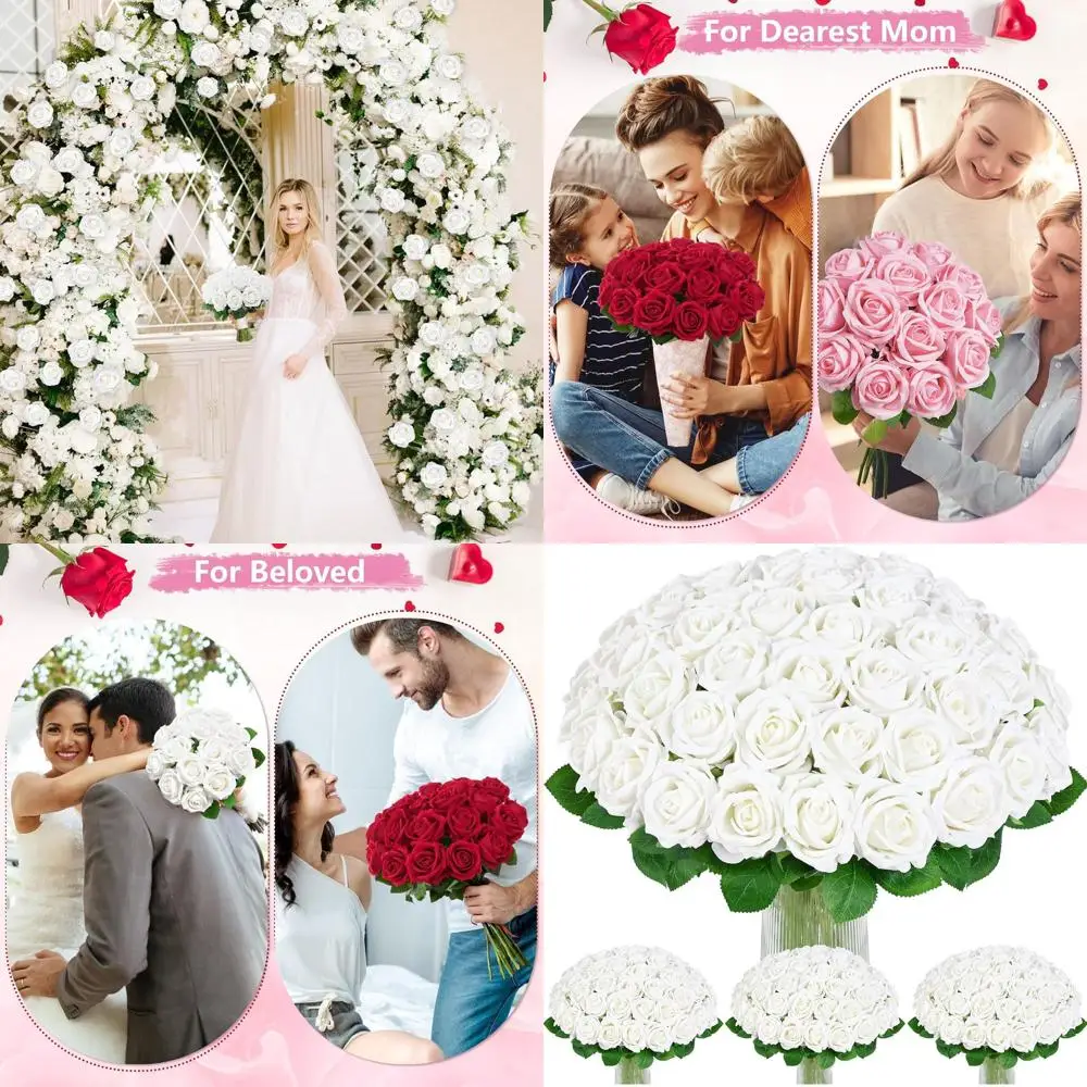 

100 Pack Velvety Touch White Artificial Roses for DIY Wedding Decorations and Valentine's Gifts