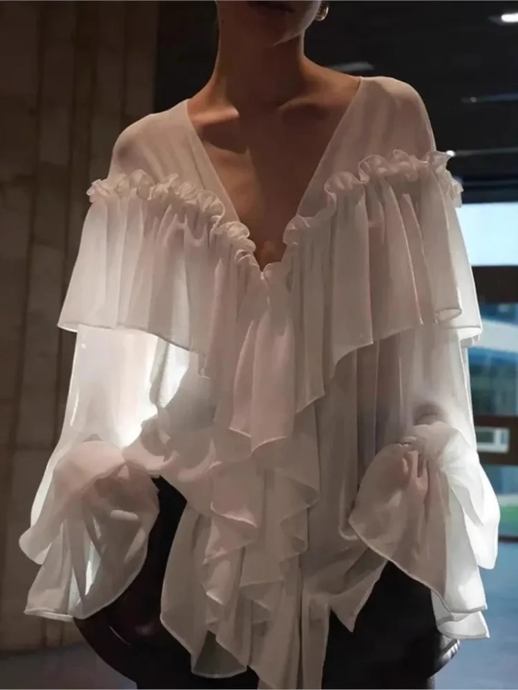 

Sexy See-through V-neck Long Sleeve Chiffon Top Beach Party Shirt Trans-seasonal Women's Low Cut Shirt Ruffle Solid Color Tops