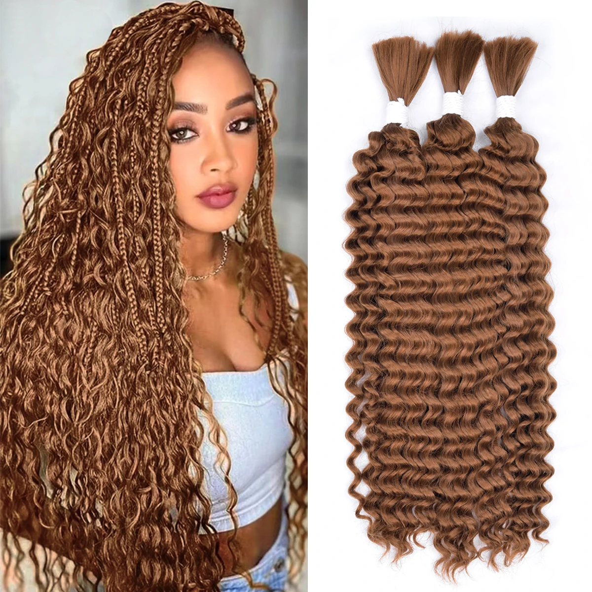 2 Bundles Synthetic Braiding Hair for Boho Braids 20Inch 90G  Deep Wave Bulk High Quality Synthetic Protein Hair Extensions