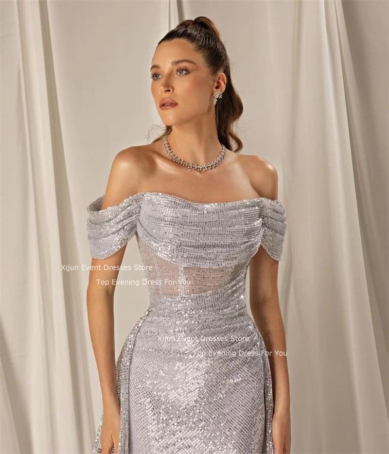 Xijun Gray Mermaid Wedding Dresses Sequined Sleeves Off The Shoulder Bridal Gowns Prom Dresses Saudi Arabric Wedding Party Dress