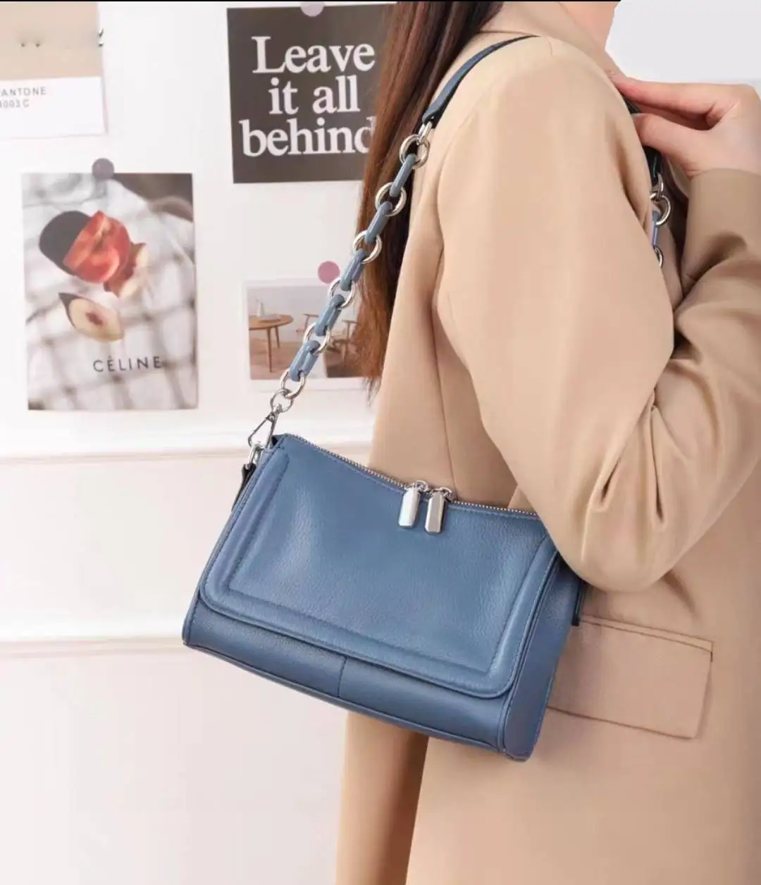 Zency Fashion Blue Chain Handbags Soft Leather Top-handle Bag For Women Luxury Small Underarm Bag Green Crossbody Bag For Summer