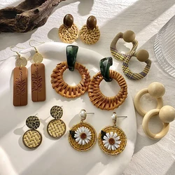 AENSOA Vintage Brown Rattan Knit Acrylic Drop Earrings for Women Korean Velvet Geometric Heart Flower Earrings Fashion Jewelry