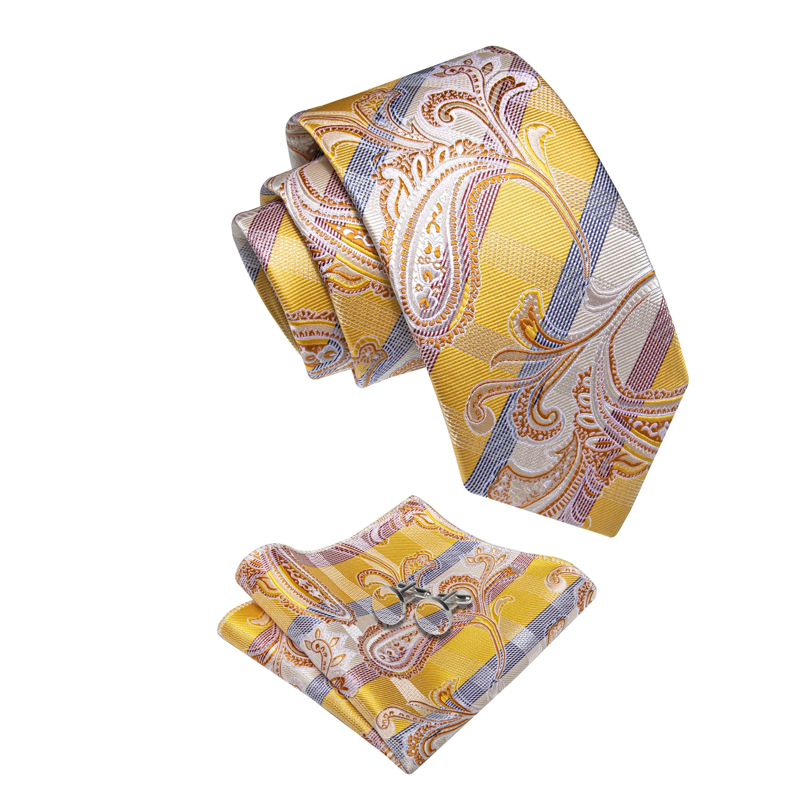 Luxury Yellow Striped Necktie with Pocket Square Cufflinks for Business Party Wedding Unique Design Paisley Tie for Man Gift