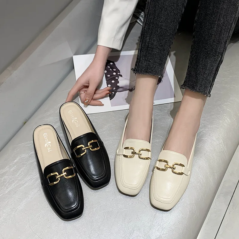 Baotou Half Slippers Women's Summer Outer Wear 2024 New Style Lazy Muller Square Toe Flat Bottom Half Slippers Women's Shoes