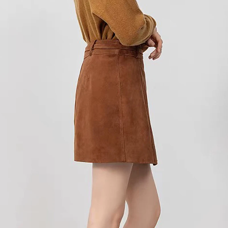 Vintage camurça couro real mini saia com faixas feminino outono coreano cintura alta pele de carneiro harajuku