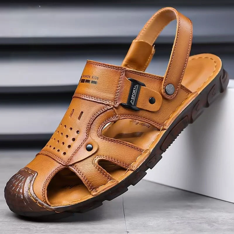 

Men's Real Leather Closed Toe Dual Purpose Sandals Slipper Summer New Soft Sole Non Slip Breathable Outdoor Beach Sandal Slipper