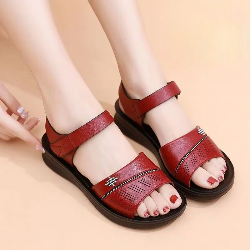 

Real Leather Flat Sole Middle Aged And Elderly Sandals Women Summer New Thick Sole Non slip One Word Velcro Casual Sandals