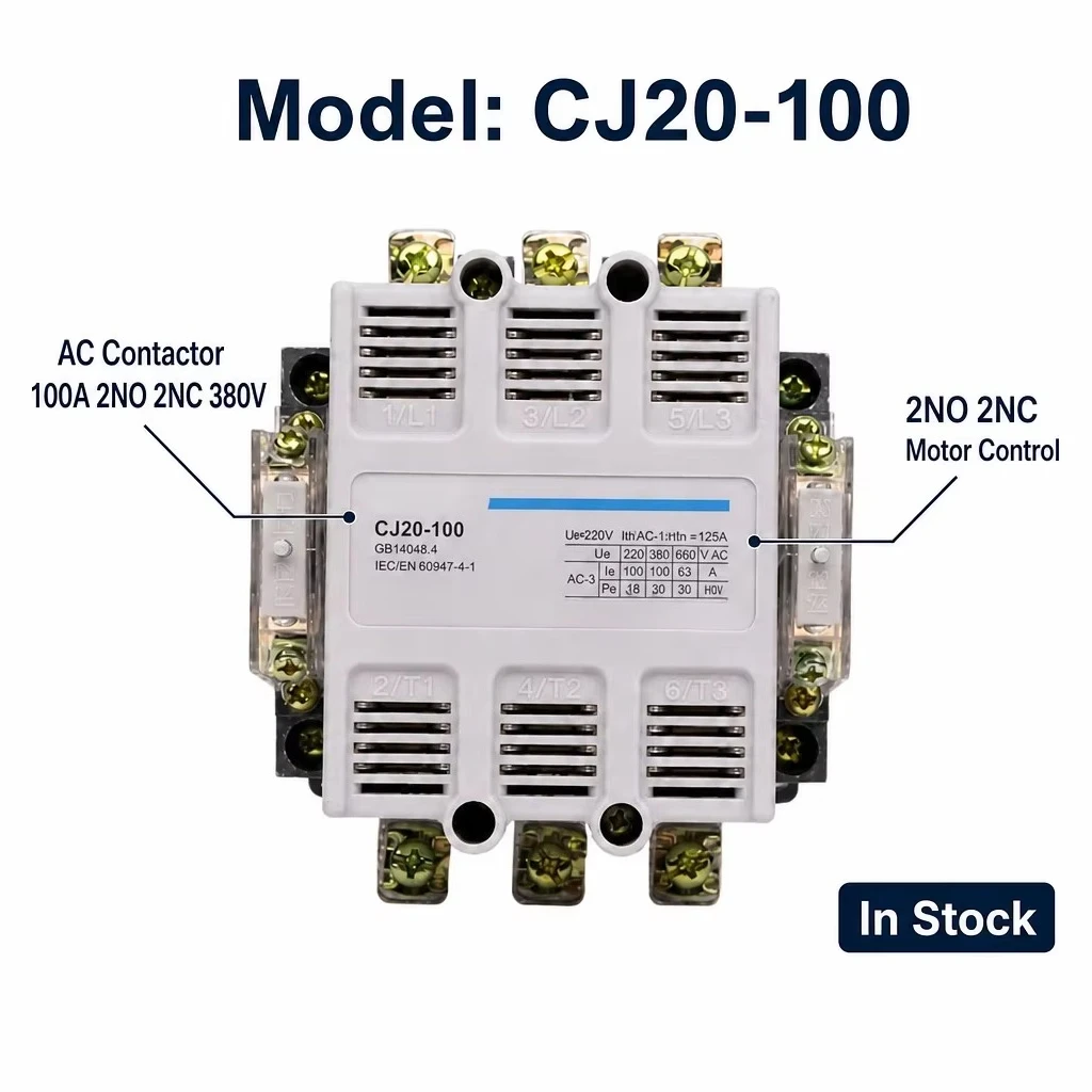 CJ20-100 AC Contactor 100A 2NO 2NC 220V 380V Motor Control Industrial Switchgear Magnetics Starter