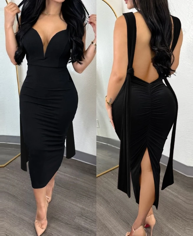 

Women's Evening Dress 2024 Spring Summer Latest Chic Wedding Guest Sexy V-Neck Notted Slit Ruched Party Dress Backless Mid Skirt