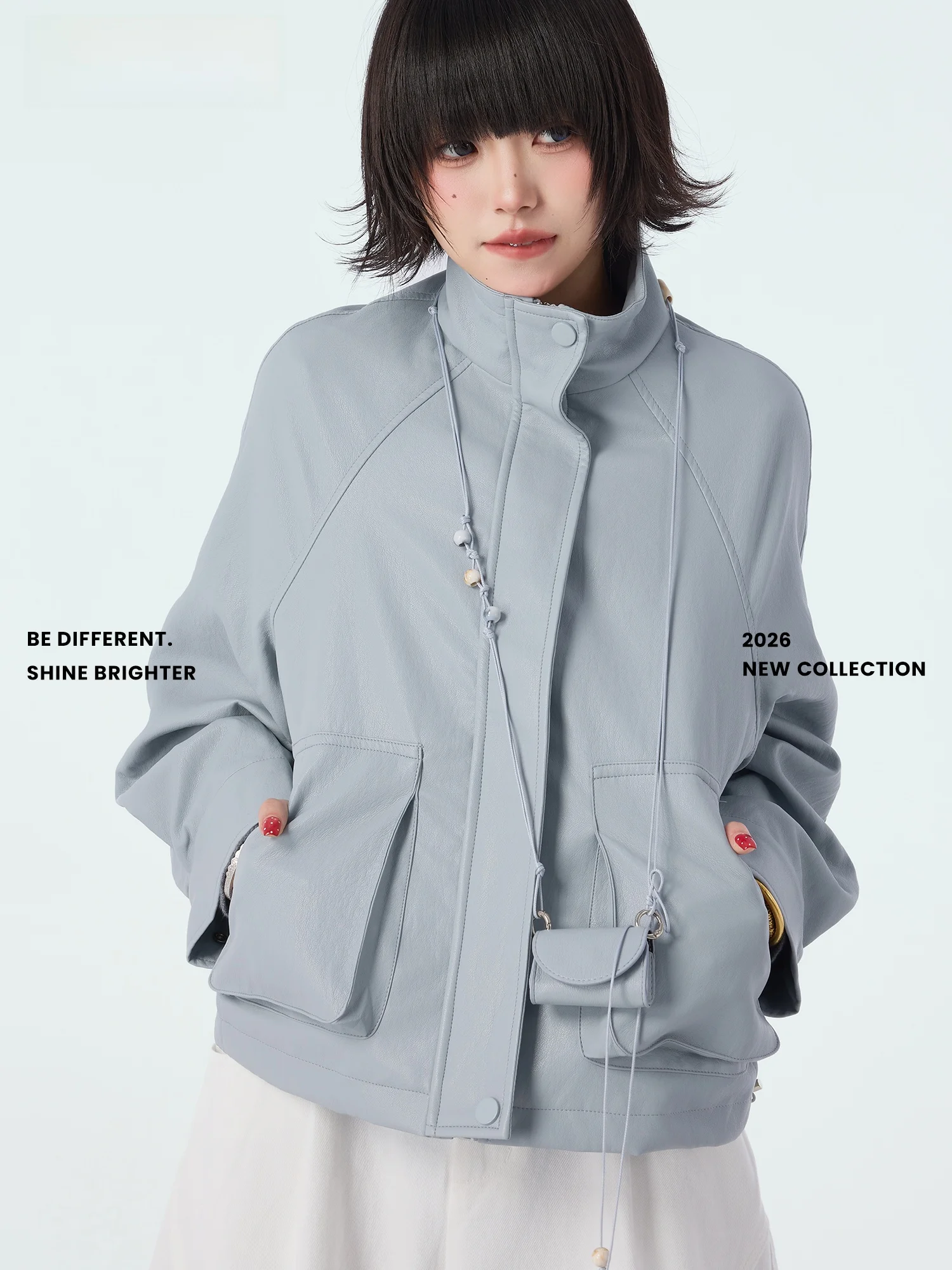 

Didimax Spring New ey Blue Stand Collar PU Leather Jaet Women's Windproof Coat Casual Sle ort Length DB326CBC37084