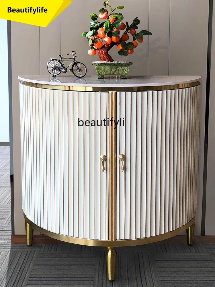 Q181 American semicircular entrance solid wood white rock slab countertop living room aisle gold-painted cabinet