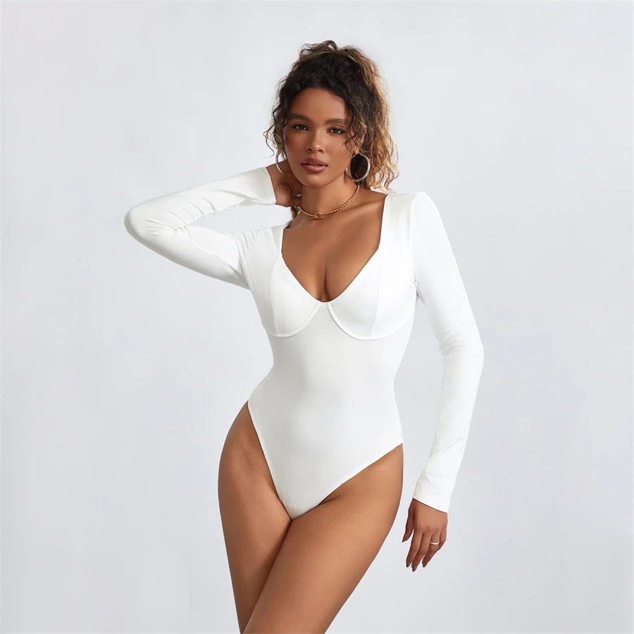 Women’s Long Sleeve Bodysuit Solid Color Seamed Cup V Neck Skinny Leotard Tops 2024 New Fashion Basic Casual High Cut Bodysuits