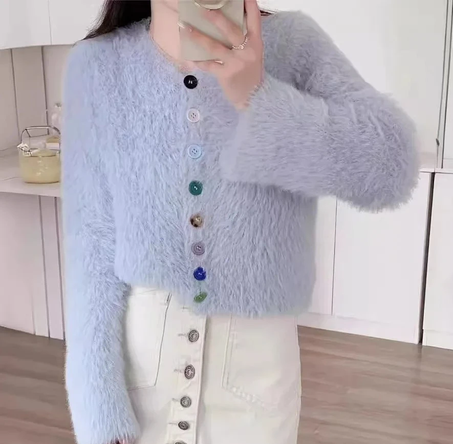 

Fuzzy Knit Cardigan with Colorful Button Down Long Sleeve Round-Neck Sweater Jacket Women Teen-girl Fall Winter Outfit
