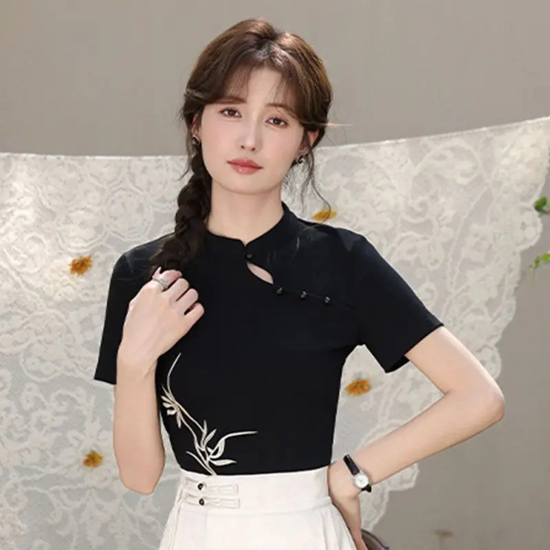 เสื้อยืดคอจีนผ้าฝ้ายแท้สำหรับผู้หญิง ดีไซน์ใหม่สไตล์จีน ทรงเข้ารูป ใส่ได้หลากหลาย ดีไซน์แบบดั้งเดิม