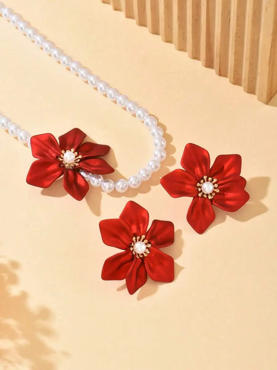 3pcs Elegant Necklace + Earrings Jewelry Set, Romantic French Palace Style, Faux Pearl, 3D Red Woven Acrylic Flower Design, Suit view 5