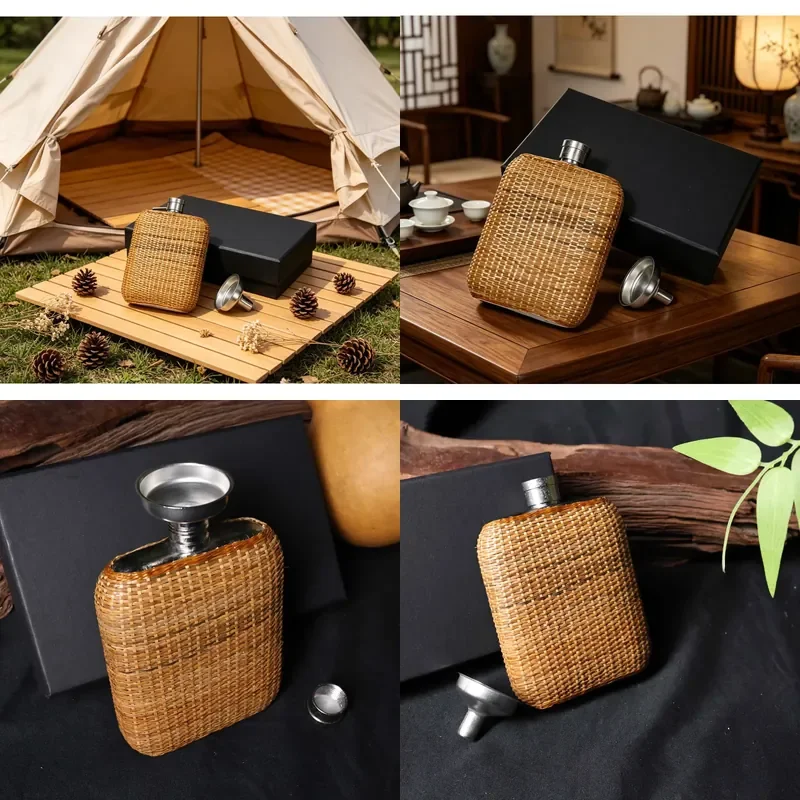 【CHIMU HOME】 Pure Titanium Mini Flask with Woven Rattan Cover Pocket Sized for Whiskey Rum Travel