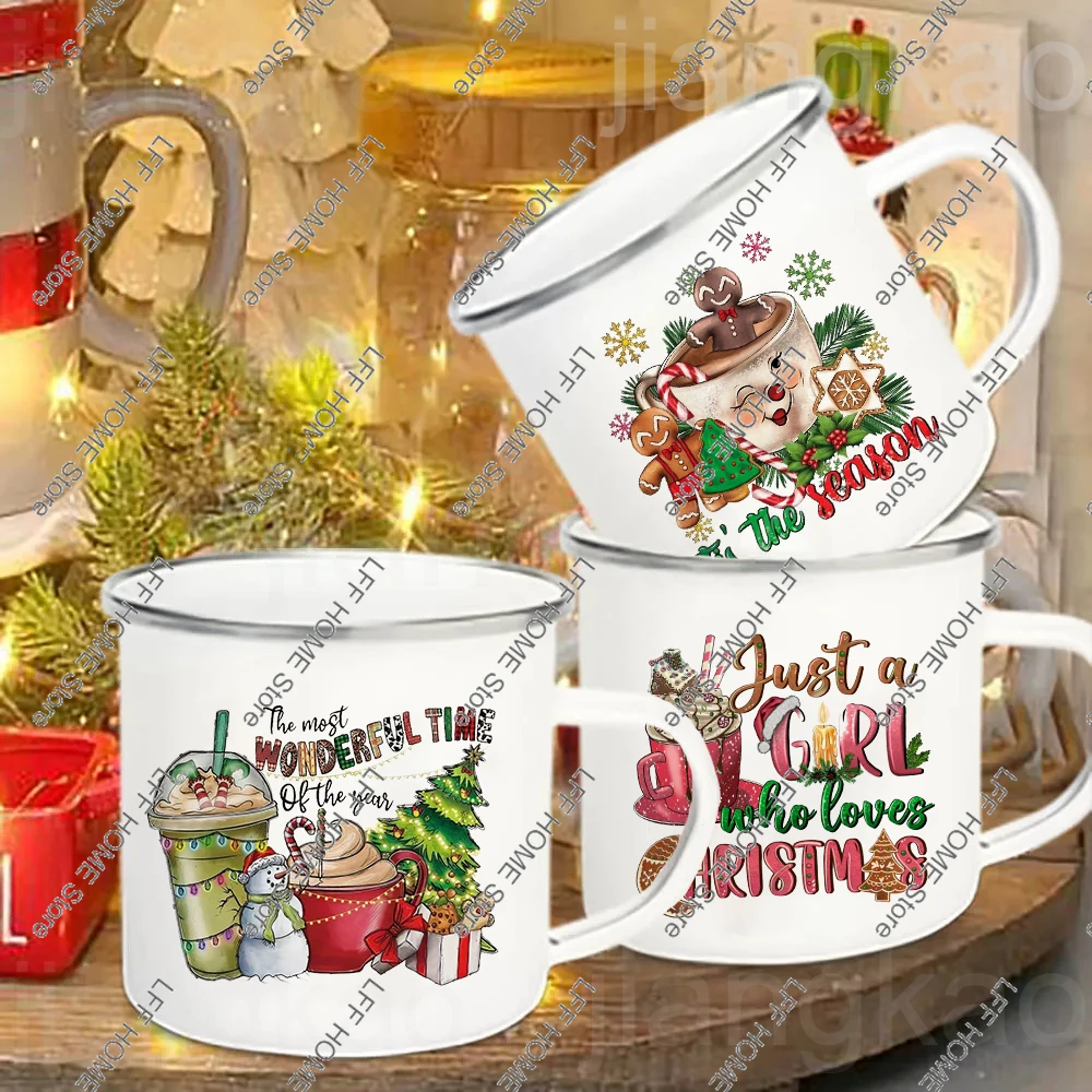 

Сладкое рождественское печенье, кофейная чашка с принтом латте, эмалированная кружка для горячего какао, шоколада, кружки для сока, молока, украшения для вечеринки, праздничный подарок