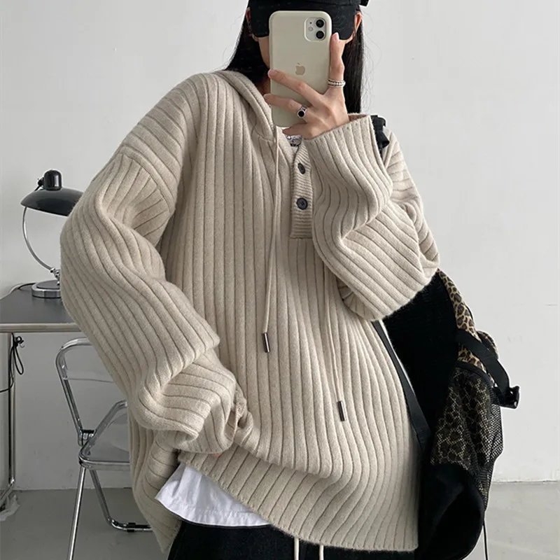 

Knitted Sweater Sweater Coat 2024 Autumn and Winter New Pit Strip Hooded Pullover Sweater Women's Loose Soft Waxy Lazy Style