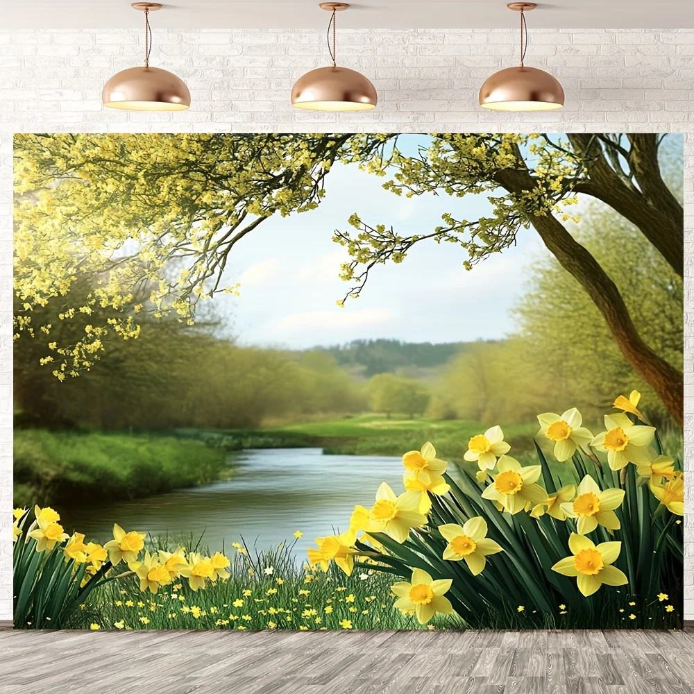 

1 шт. ярких весенних пейзажей — прочный полиэстер, украшение для вечеринки и дома, дизайн зеленого и желтого нарцисса в джунглях.