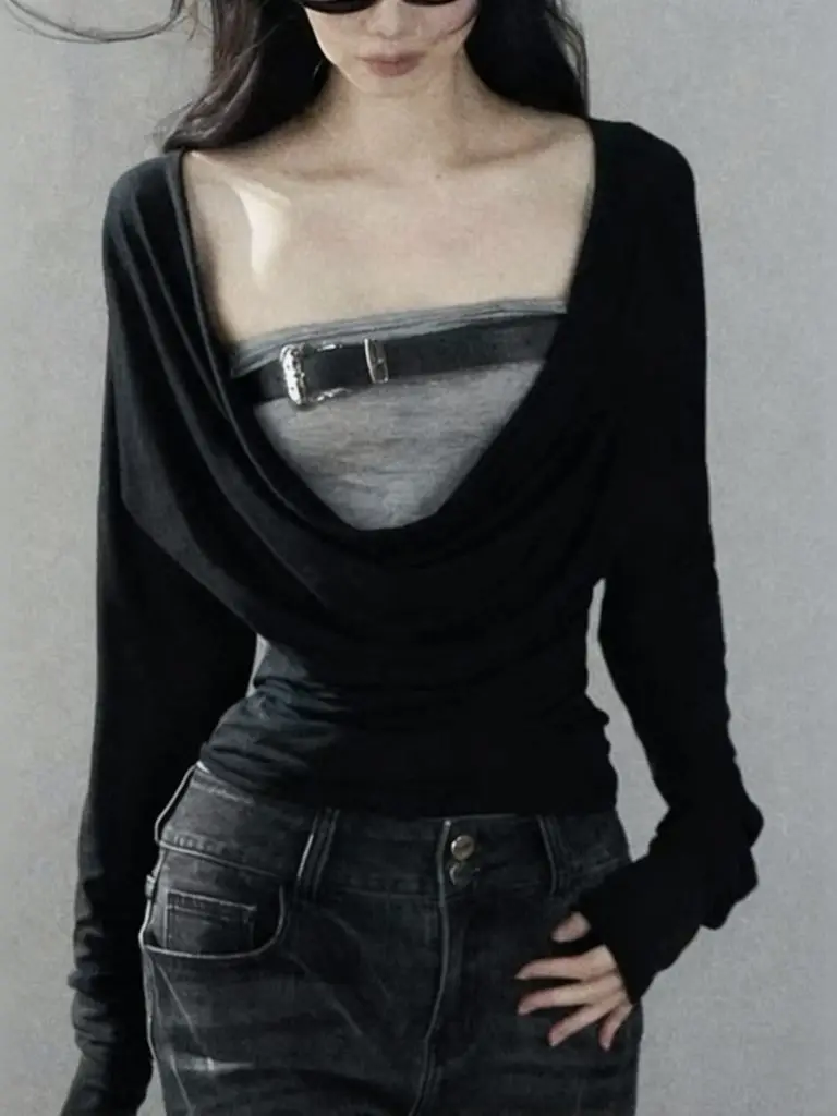 Haut à manches longues noir tendance, effet deux pièces, col bénitier, t-shirt court, t-shirts basiques, streetwear, printemps, automne, vêtements d'extérieur chics