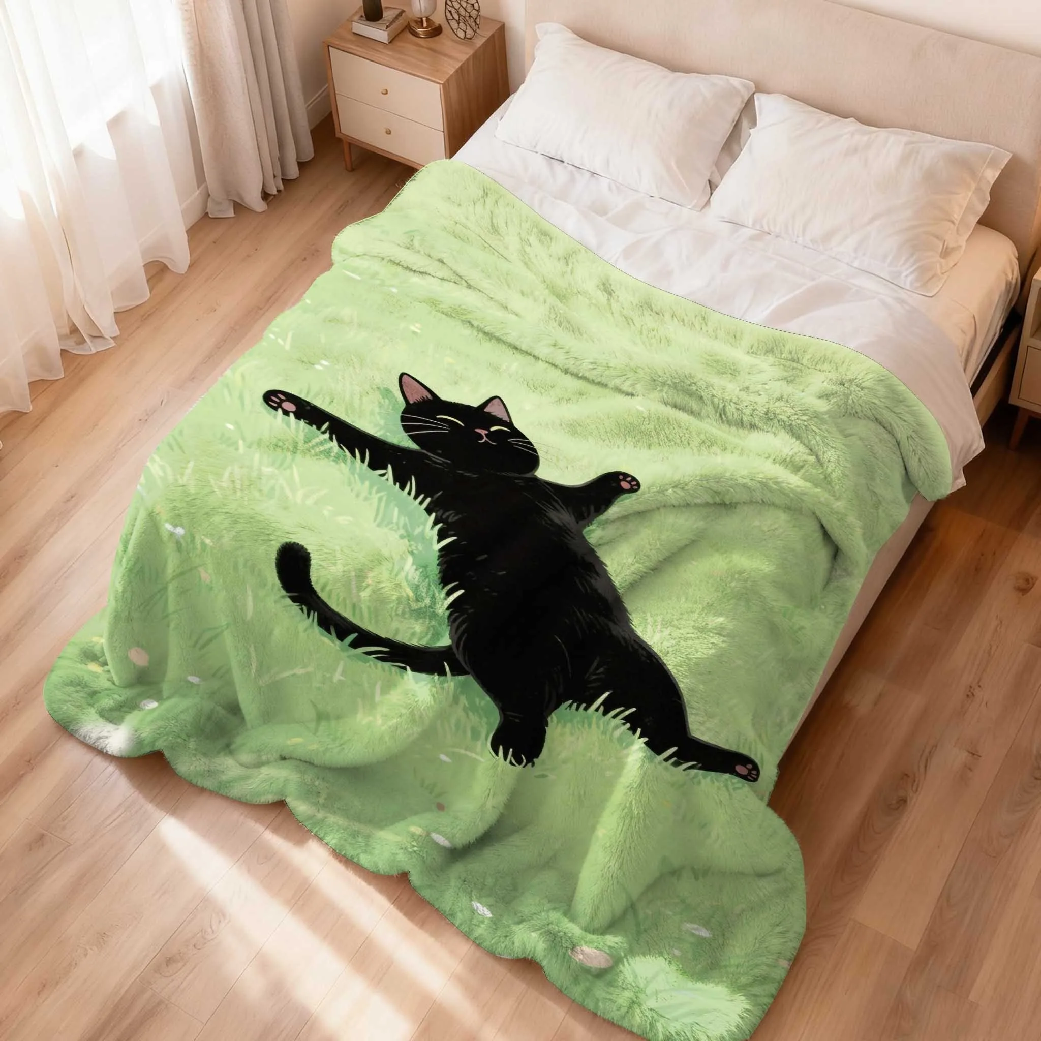 Cute Black Cat Lying on Grass Flannel Blanket Kawaii Kitten Print Soft Warm Throw Blanket for Sofa Bedroom Home Decor Multiple S