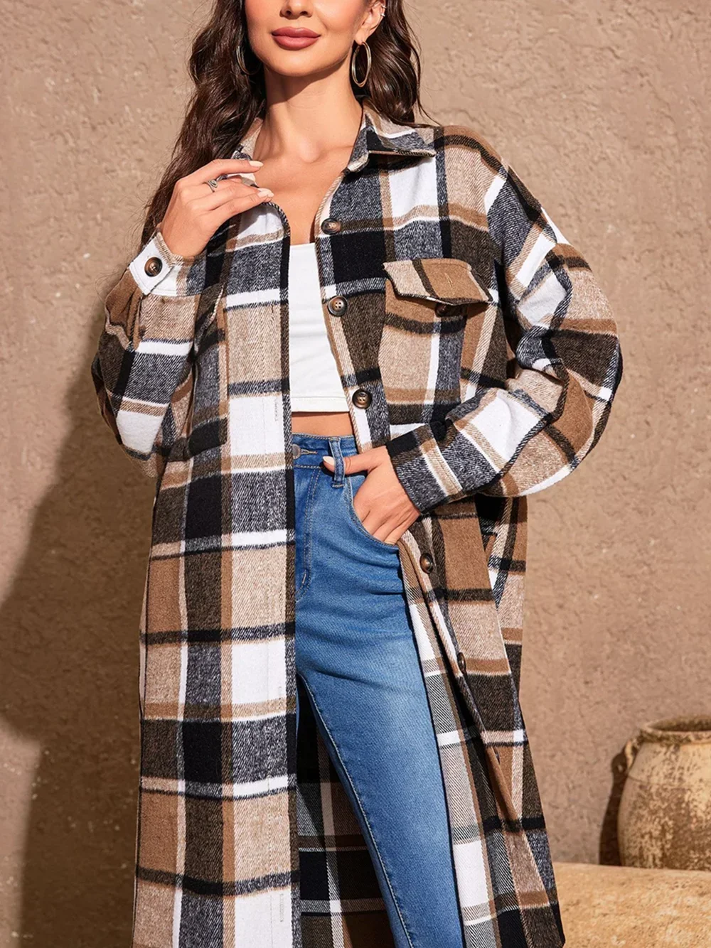 Plus Size 1XL-5XL Women Fashion Plaid Printing Long Coat Ladies Autumn and Winter Long Sleeve Temperament Long Coat