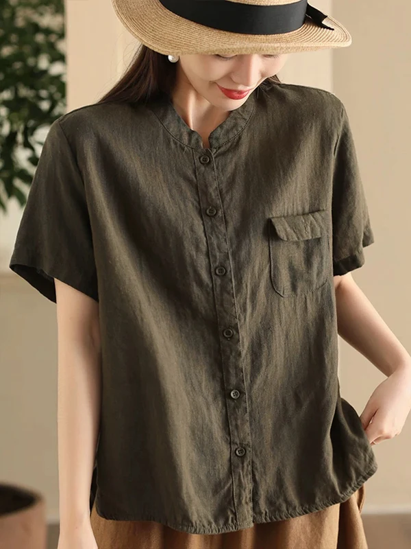 الرجعية اليابانية Sle المرأة القطن الكتان ort Sve irt عارضة الوقوف طوق كيت واحد فضفاضة تناسب الصيف الأعلى