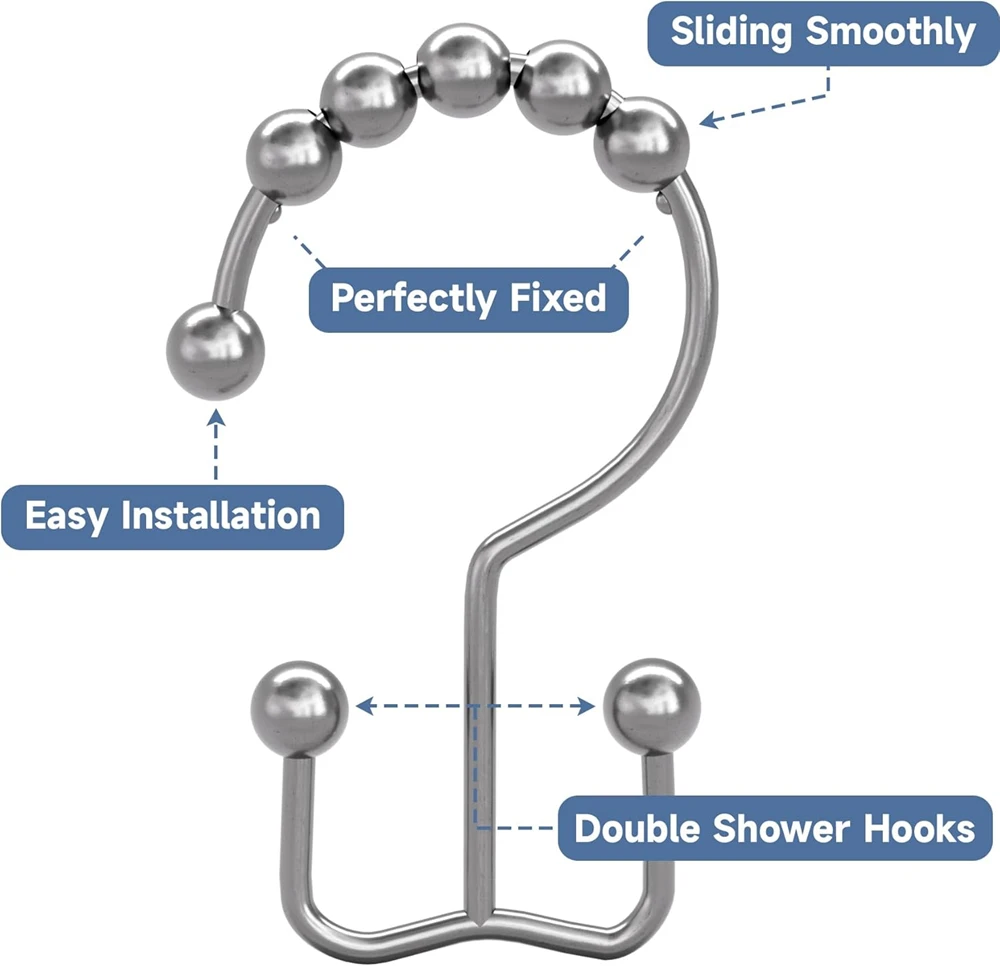 6/12/16PCS Rustproof Metal Shower Curtain Hook, Double Hook Shower Curtain Ring, Curtain Hook, Bathroom Hardware Accessories view 4