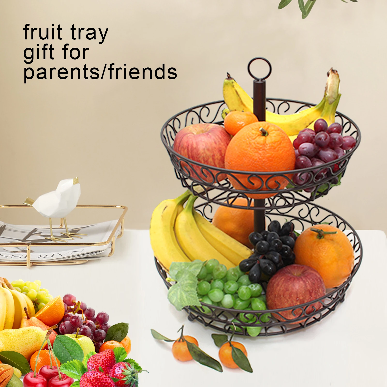 Fruit Basket Cake Stand With 2 Tiers Fruit Bowl Vegetable Basket Made Of Metal Black