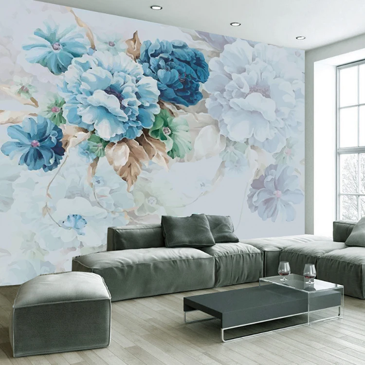 

Пользовательские 3D европейские ручная роспись пион синий цветок обои гостиная ТВ фон стена спальня новая китайская фреска ресторан 8d
