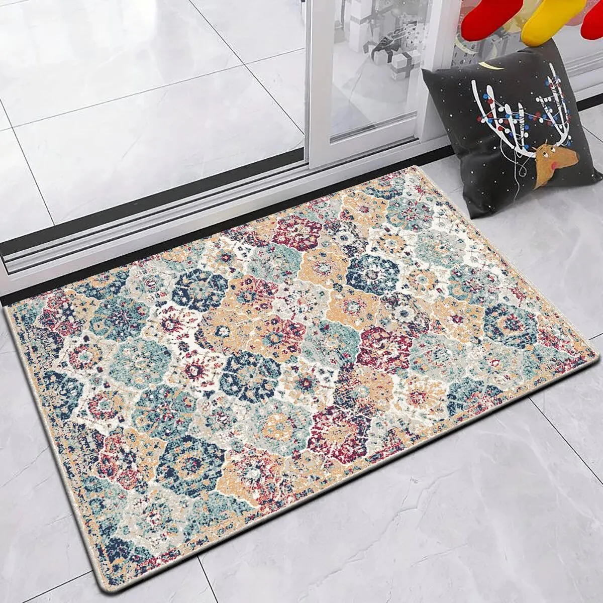 1pc Boho Style Floor Mat Non-Slip Bath Rug Floral Pattern Washable Bath Mat Absorbent Door Carpet For Home Living