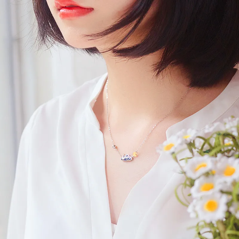 Uini-Tail Hot Sale New 925 Tibetan silver Van Gogh Star Necklace Personality Fashion Trend Sweet Golden Moon Necklace  XL007