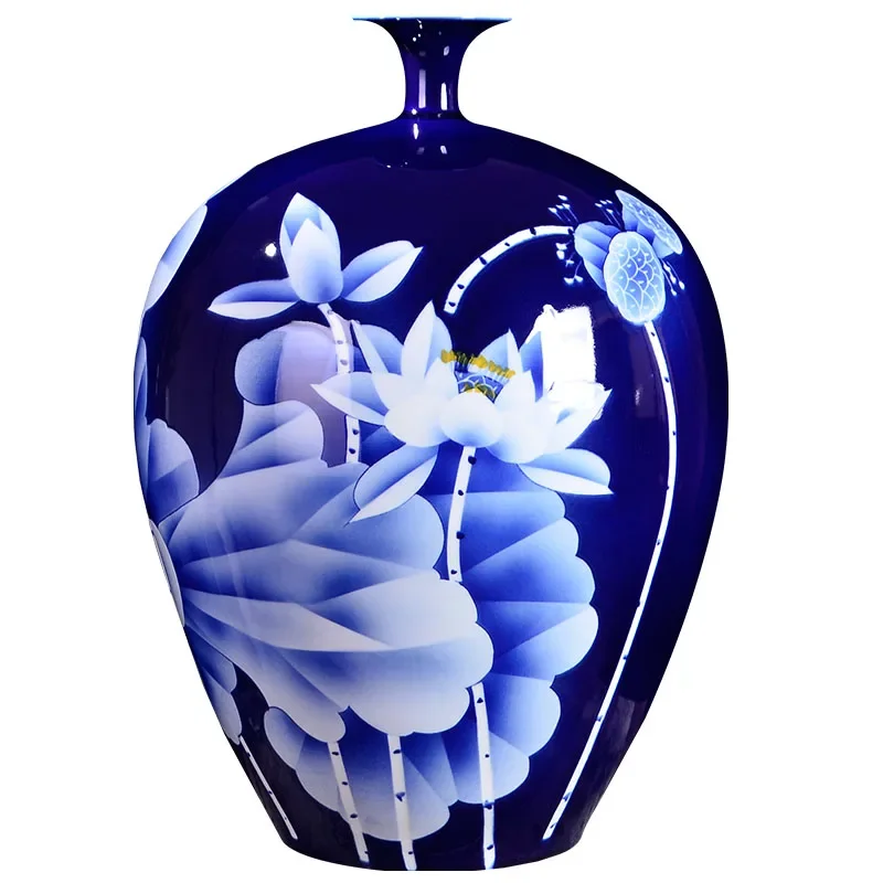 Big Blue Vase Collection Jingdezhen Ceramic Master Handpainted White Lotus Fine Porcelain Decorative Flower Vase