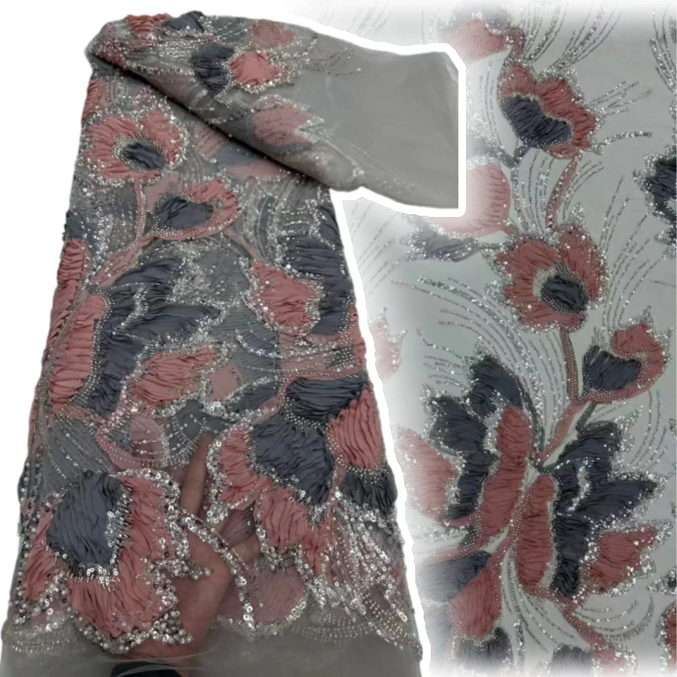 

Африканская кружевная ткань 2025 г., высокое качество, 5 ярдов, французская роскошная кружевная ткань с вышивкой, сетчатая кружевная ткань с бусинами, ткань для шитья TP1735