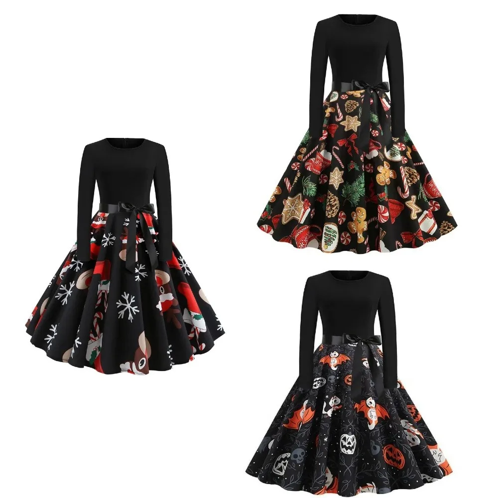 

Рождественское платье с круглым вырезом в стиле ретро с принтом в западном стиле — праздничное платье миди с атмосферным вырезом для рождественских вечеринок/праздничных ужинов