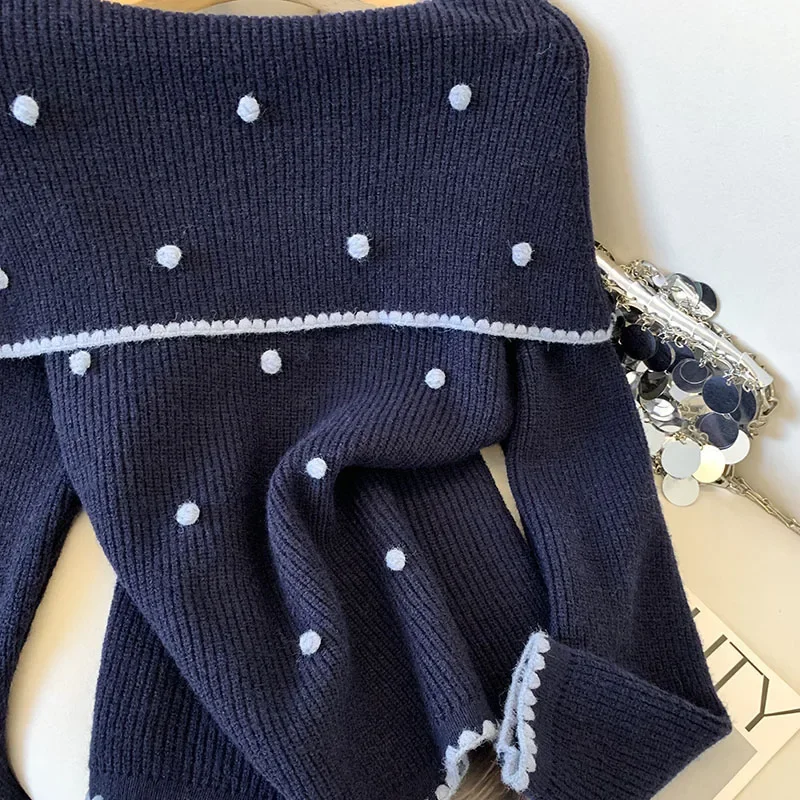 Maglione a pois Moda donna Sexy Slash Neck Pullover lavorato a maglia Coreano Elegante maglieria bianca Maglioni slim a maniche lunghe invernali