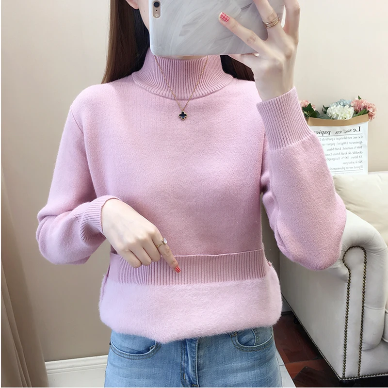 Half Turtleneck Sweater Women\'s Winter Warm Knit Pullover Casual Slim Poleras Thick Plush Lined Knitwear Jumper Long Sleeve Tops