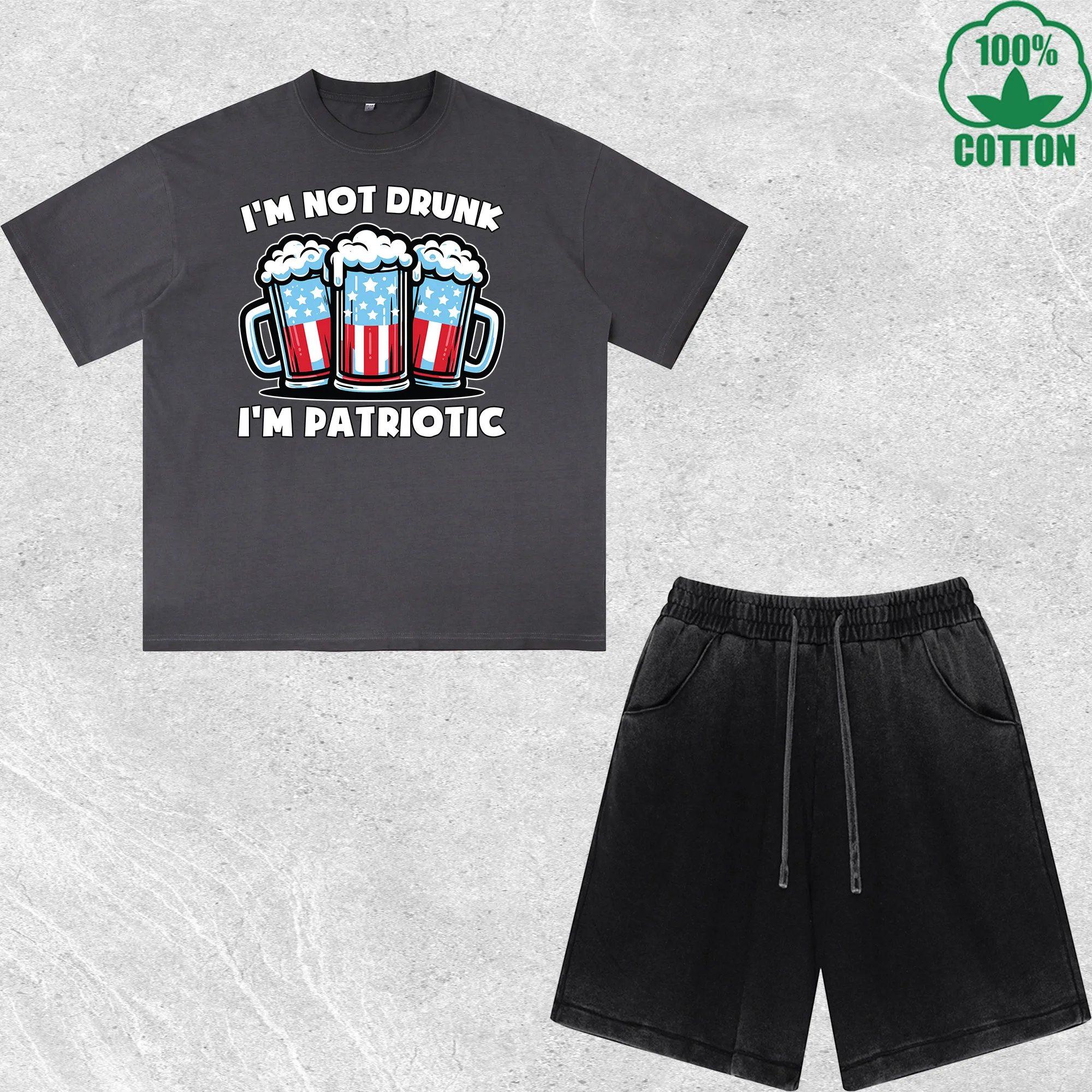 

Drunk Patriotic Printed Dirty Wash T-Shirt Shorts Set Combo Loose Trendy Fashionable 100%Cotton Black Suit