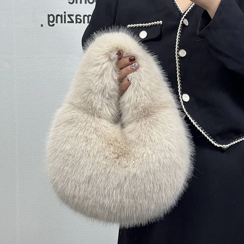 

Fluffy Plush Women Designer Handbags Winter Faux Fur Designer Bags for Women Half Moon Cloud Bag Soft Warm Tote Female Clutch