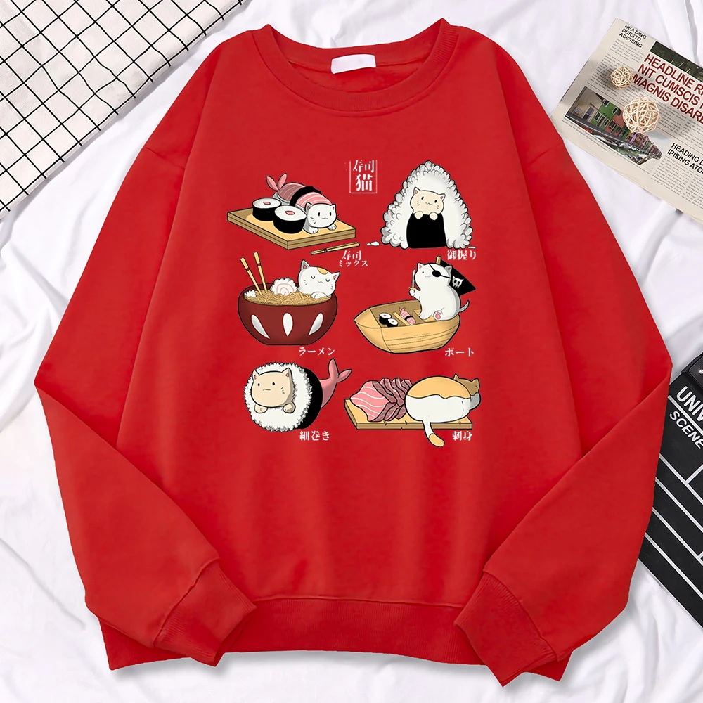 Simple Autumn Women Sweatshirt Sushi Cat\'S Day Harajuku Printing Hoodies Crewneck Fleece Pullover Warm Loose Female Streetwear